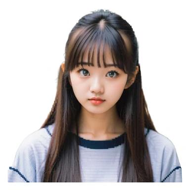 Pixel art of Asian girl, thin bangs, long hair, round eyes, no double eyelids, college student outfit, humorous expression sticker