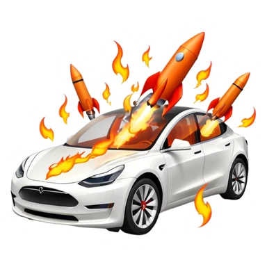 Tesla model 3 white. Two rockets mounted on roof flame backwards sticker