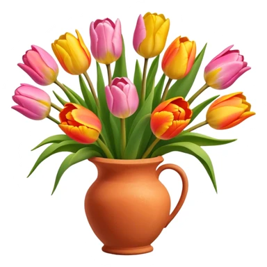 Bouquet of orange, pink, and yellow tulips in terracotta vase sticker