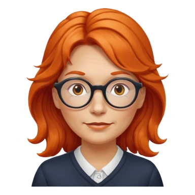 middle-aged Norwegian woman with long wavy orange-red hair tied loosely to the left, wearing large round glasses sticker