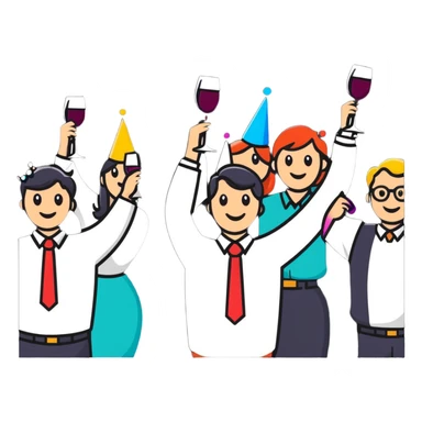 group of happy office workers celebrating with party hats, confetti and wine glasses sticker