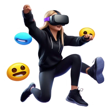 Russian girl wearing black hoody with violet letters "OMG", in vr headset oculus quest2. jumping. Cyberpunk style. Violet neon. sticker