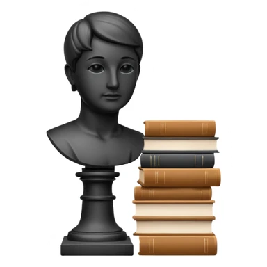 Minimalistic flat vector icon, iOS style, thin black contour on white background. Bust statue on a small pedestal next to a stack of books, symbolizing classic literature. Clean, no text, no shadows sticker