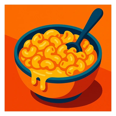 a bowl of macaroni and cheese with a spoon, creamy cheese sauce, comfort food vibe sticker