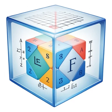 An icon featuring a transparent cube with geometric sections and mathematical calculations, symbolizing the study of mathematics. The design includes algebraic formulas, graphs, and mathematical symbols, representing advanced mathematical concepts and problem-solving. Transparent background sticker