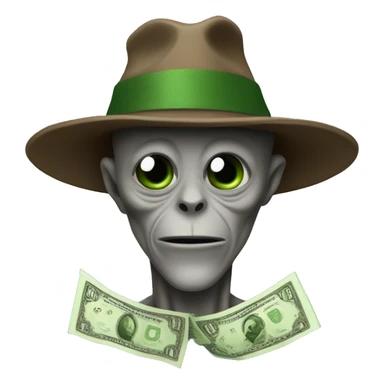 A gray alien wearing a brown hat with a green banknote on it sticker