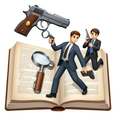 Icon for Action & Crime Reading: an open book with action-packed scenes on the pages, including detectives, chase scenes, and suspenseful moments. Add a gun, handcuffs, and a magnifying glass, while keeping the book as the main focus. Transparent background. sticker