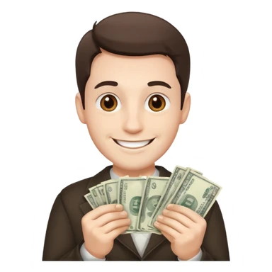 Make an emoji of a photorealistic adult man holding money in his hands. He has a smile on his face. He looks like an adult. the skin should be white. 4 options sticker
