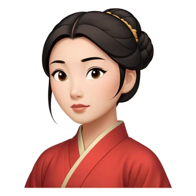 Cinematic Timeless Mulan Portrait Emoji, rendered in a clean vector style. Depict Mulan with warm, light-toned skin, neatly styled dark hair in a traditional bun, and a serene, confident expression, dressed in a simple traditional robe with minimal decoration. The image is highlighted by a soft, inviting glow and a subtle glowing outline, capturing enduring beauty and quiet strength. sticker