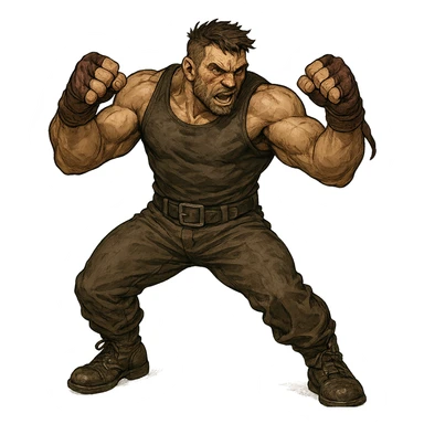a tough brawler character, muscular, ready to fight, in a dynamic pose, detailed general illustration sticker