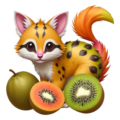 Hyper realistic  tropical fruit-splash fur of kiwi-lime, papaya-orange, and dragonfruit-pink chaos beautiful elegant pretty precious cute  Fakémon-Pokémon-opossum-feline-serval-caracal-chinchilla-Furret-Minccino-hybrid-creature with a big fluffy bushy tail (full body) sticker