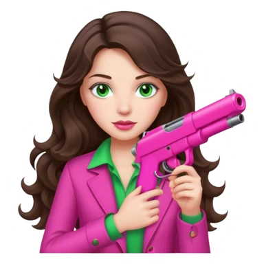 brunette girl with long wavy hair and green holding a hot pink gun sticker