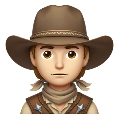 Clash of Clans aesthetic friendly Cowboy Portrait Emoji, With a rugged yet stylized build wearing a classic wide-brimmed hat and bandana, his face rendered in a natural skin tone (not yellow), determined eyes and a steely gaze, Simplified yet dynamic features, highly detailed, glowing with a warm, sunlit frontier radiance, high shine, brave and spirited, stylized with an air of Wild West heroism, focused and ready, soft glowing outline, capturing the essence of a fearless cowboy adventurer ready to ride into epic quests! sticker