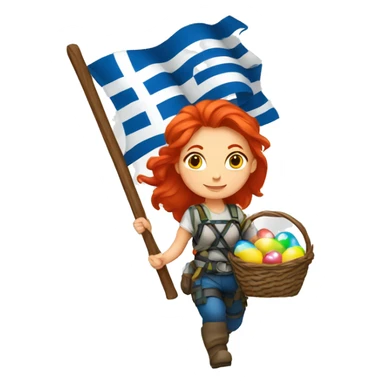 Female mountaineer red hair climbing with Greek flag and holding Easter eggs basket sticker