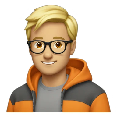 guy with black glasses dirtyblonde short hair with orange sweatshirt sticker