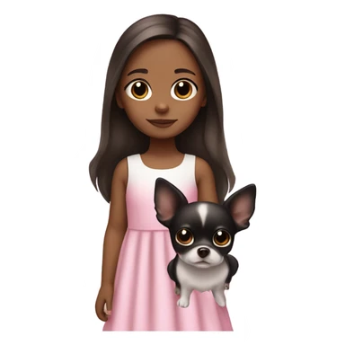 Little Girl with White skin, black eyes. Long brown hair with. She is wearing a pink and White dress, standing and holding on to a Chihuahua black sticker