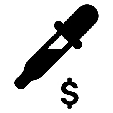 solid icon of a pipette with a golden drop, dollar sign inside the drop sticker