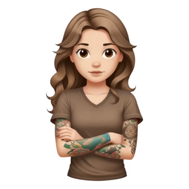 A girl with fair skin, long wavy hair, tattoos on her arms, wearing a brown short-sleeved shirt sticker
