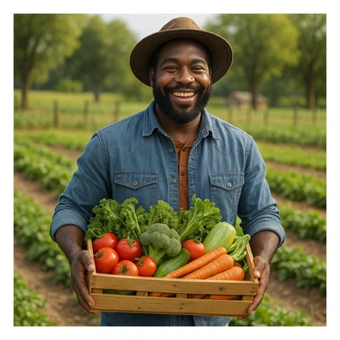 Black man farmer, carrying a basket of vegetables, cheerful, farm setting, casual clothes sticker