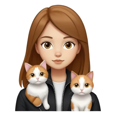 Light-skinned girl with brown straight hair wearing a black jacket, along with one pure white cat and one calico cat sticker