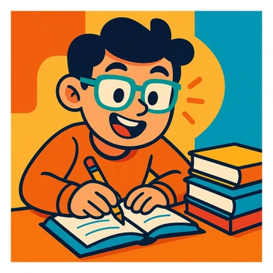 student studying, cartoon style, lively expression, pencil and books sticker