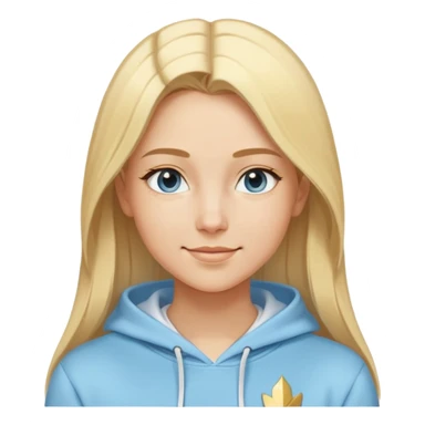 Woman with blonde straight hair and side part, serene smile, dreamy eyes, wearing a light blue fantasy-sporty hoodie with golden and white details sticker
