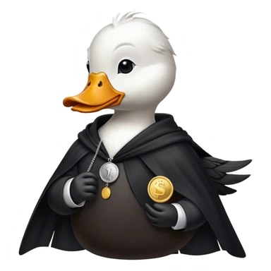 A cool duck wearing a black cloak with a silver coin in its wing sticker
