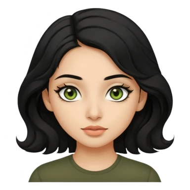 a pretty FAIR indian bratz girl with wavy black hair, wearing a black tee. eyeliner on, olive green eyes.  sticker