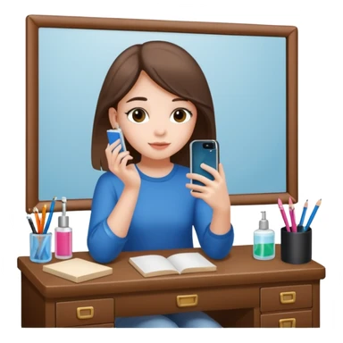 Girl sitting at vanity taking out picture with iphone 15 plus and study materials on the vanity sticker