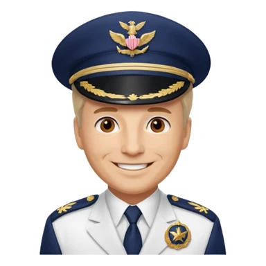 A light-skinned mid-aged man with brown eyes, smiling while wearing a white captain’s hat with a navy emblem. sticker