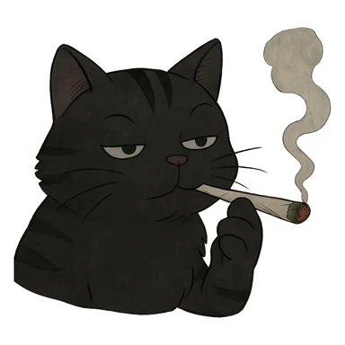 Make the cat black and make the joint clearly look like it contains weed, with a green leafy tip and a burning end, keep the background transparent. The style should be preserved as in the original image. sticker