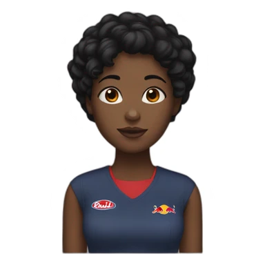 A black girl, brown eyes, short black hair with a red bull can sticker