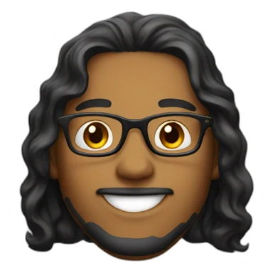 Caramel smiling guy, black eyes, black long wavy hair, no facial hair, thin long nose, round glasses, black t shirt sticker