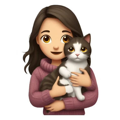 a girl with long dark brown hair, in a sweater, hugs a cat. sticker