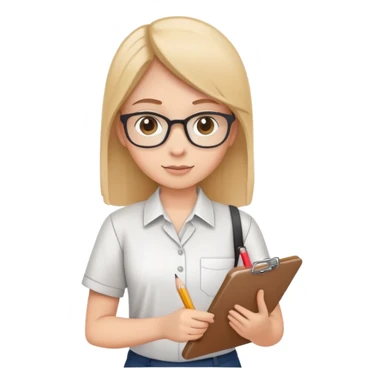 intern or volunteer holding a clipboard and pencil, ready to take notes or assist. The character wears a simple shirt and has an eager posture sticker