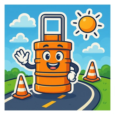 Make a fun cartoon scene with the orange road construction barrel as the main character. Add a bright, playful background with a road, some traffic cones, and a blue sky with clouds in the style of cartoonish stickers. sticker