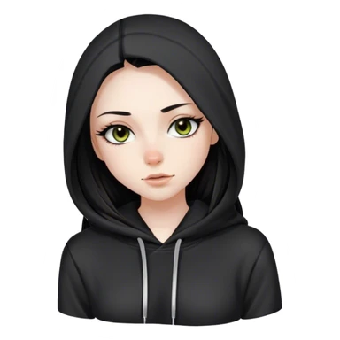 Girl with black long straight hair, lashes, hazel eyes, pale skin, nose peircing, black hoodie sticker
