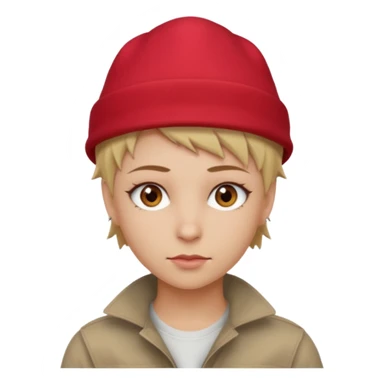 masc lesbian hazel eyes dirty blonde short spiky hair red hat sticker