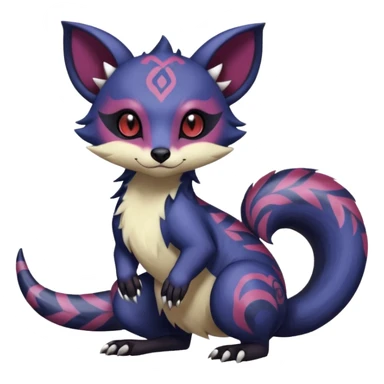 Rare warm-colored exotic gloomy tropical edgy cute epic aesthetic spooky indigo purple white black red gothic colorful Salandit-Furret-Espurr-Meowstic-Civet-species-Fakemon-hybrid-creature, with tribal tattoo markings, full body sticker