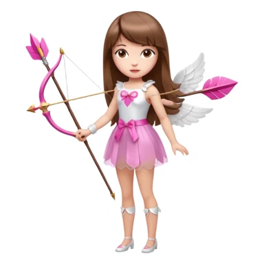 Hada de piel clara cupido pequeña  de cabello largo lacio castaño con flequillo y ojos cafés  vestida con algo sensual semitransparente corto color blanco o rojo con 1 arco y una sola flecha que combinen y labios rositas tipo Barbie pero en hada cupido de cuerpo completo de pies a cabeza   sticker