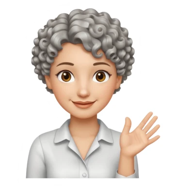 silver, short, wavy-haired with curls, smiling pretty lady, brown/hazel eyes, fingers crossed on right hand

 sticker