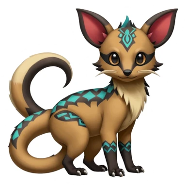 Rare warm-colored exotic cute epic aesthetic gothic colorful Salandit-Eevee-Civet-species-Fakemon-hybrid-creature, with tribal tattoo markings, full body sticker