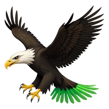 Stylized vector eagle flying sideways, wings spread up. Matte black with neon-green angular feather patterns, fierce face, extended talons. Bold flat sticker style with a thick clean white outline. sticker