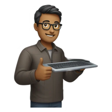 man wearing glasses and holding a computer in his right hand and signaling OK with his left hand sticker