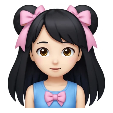 A kawaii-style emoji of a cute anime girl with long, straight black hair, with side bangs, big shiny brown eyes, and soft makeup. She has a small pink bow on her hair and is wearing a pastel blue top but with a Sonic the Hedgehog design printed on it (cute Sonic style). sticker