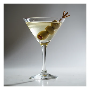 realistic martini cocktail in clear glass with olive garnish, photorealistic style sticker