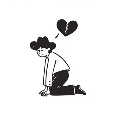 heartbroken cowboy, hand-drawn doodle style, slumped posture, broken heart, expressive sadness sticker