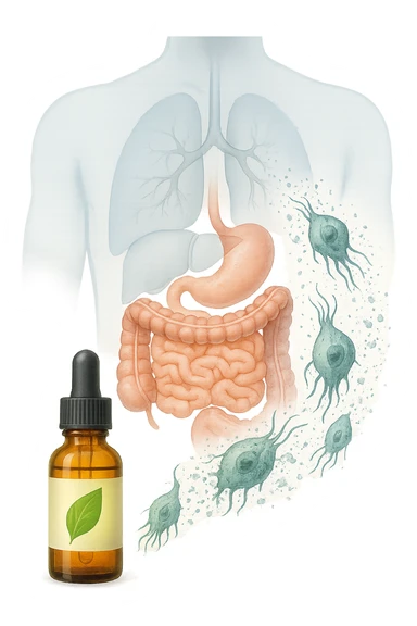 A realistic, high-quality medical illustration showing microscopic parasites leaving the human intestines, symbolically dissolving and breaking apart, after the intake of natural kinesiological drops. The drops are shown in a small amber glass dropper bottle in the foreground with a green leaf on the label, emitting a subtle glow symbolizing detox and cleansing. The background depicts a semi-transparent human silhouette with a highlighted digestive tract, showing clean, healthy intestines, while parasites in translucent fading colors are moving out, symbolizing elimination. The atmosphere is clean, fresh, and conveys a sense of natural healing, detoxification, and hope. sticker