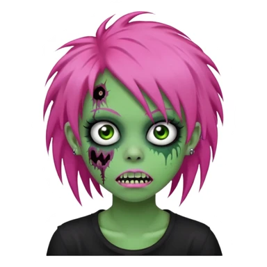 girl, green zombie, pink coily hair, medium long, emo, shaggy, dark, spooky, piercing on eyebrow, colourful teeth, creepy blank expression sticker