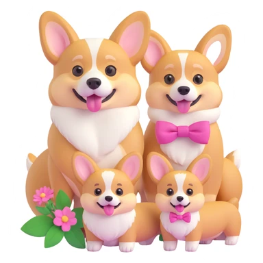 corgi family together: male, female with pink bow, and small puppy with flower, all looking happy sticker